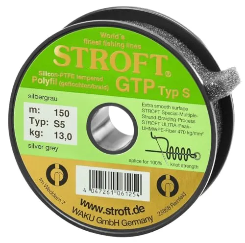 STROFT GTP Typ S 5 Silbergrau 150m - Angelschnur, geflochten, mit einer Tragkraft von 13 kg und einer Länge von 150 m – ideal für präzises Angeln und hohe Belastungen.