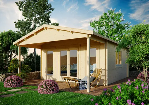 Gartenhaus Modell Julia 44 C – Robustes Satteldach - Massives Gartenhaus mit 44mm Wandbohlen aus nordischer Fichte, stabiler Dachkonstruktion und isolierverglasten Fenstern. Ideal für Gartenprojekte und als Lagerraum.