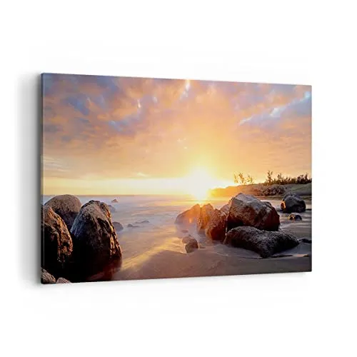 Wandbilder Dekoration Wohnzimmer Meer Strand Felsen Bilder auf Leinwand 120x80cm Leinwandbild Schlafzimmer Küche Deko Wand Kunstdruck Art Groß XXL Wanddeko Bild Wall Decor Canvas AA120x80-3649