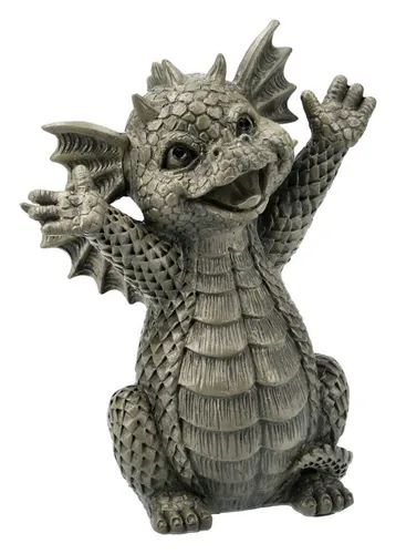 Figuren Shop GmbH Gartenfigur - Happy Drache, grau - Gartenfiguren & Skulpturen, bezaubernde Fantasy Gartendeko aus Kunststein, wetterfest und ideal für kreative Gartenakzente.