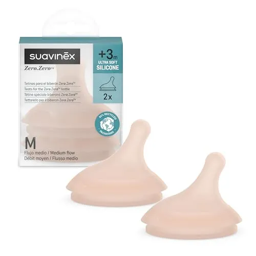 Suavinex, 2 Pack Babyflaschensauger für Zero Zero Anti-Colic Babyflasche, Ersatz Sauger Medium Flow Saugern (M), für Flüssigkeiten mittlerer Dichte, Milch, Saft oder Flüssignahrung, Babys +3M, Medium