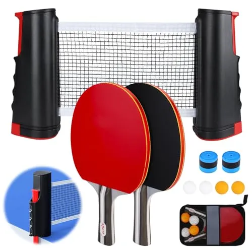 BBWELL Tischtennisschläger Set,2 Schläger,4 Bälle (2X gelb, 2X weiß),Einziehbares Tischtennisnetz,2 Griffbänder & Tragetasche,Mobiles Komplett-Set für Anfänger,Ideal für Indoor & Outdoor