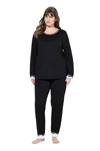 Ulla Popken Damen Pyjama, Lace Pyjamaset, schwarz, 46/48 - Schlafanzüge für Damen, elegantes Zweiteiler-Set mit Spitzendetails, bequem mit seitlichen Taschen und elastischem Bund für perfekten Tragekomfort.