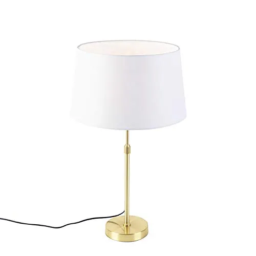 Qazqa Modern Tischlampe Gold - 35 cm elegante Messinglampe mit Leinenschirm - Lampen für Wohnzimmer und Schlafzimmer, dimmbar (Dimmer nicht enthalten) und stilvolles Design in Gold und Weiß, ideal für jede moderne Einrichtung.