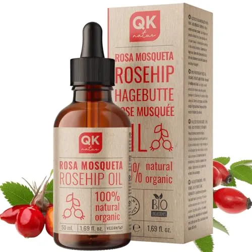 Hagebuttenöl BIO - 100% reines organisches veganes - 50 ml Glasflasche - für Narben und Dehnungsstreifen - Anti-Falten Anti-Aging - Kaltgepresst