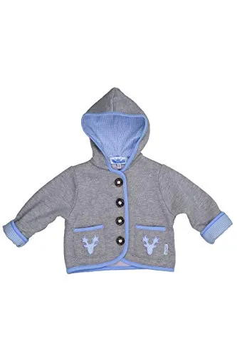 P. Eisenherz Trachten Baby Jacke - GEWEIH BUAM - grau/blau - Jacken & Mäntel für Baby-Jungen, kuschelige Sweatjacke mit Kapuze, Karostoff-Futter und einzigartiger Hirschkopf-Applikation für einen stilvollen Look.