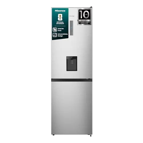 Hisense RB3N300NMCC Stand Kühl-Gefrierkombination - Kühlschrank mit 304 L Volumen, Total NoFrost Technologie und integriertem Wasserspender in Edelstahloptik – ideal für moderne Küchen.