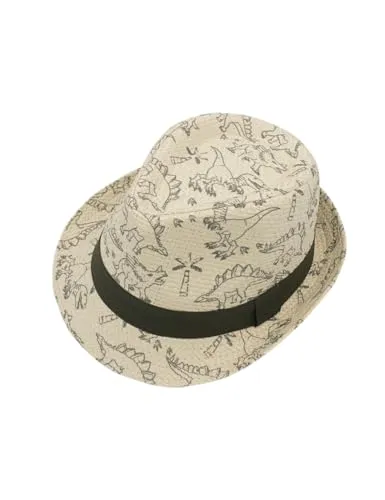 maximo Dinosaurs Trilby Kinderhut Kindertrilby Strohhut Strohtrilby Gartenhut Strandhut Kinder - mit Ripsband Sommer Frühling-Sommer - 49 cm beige-schwarz