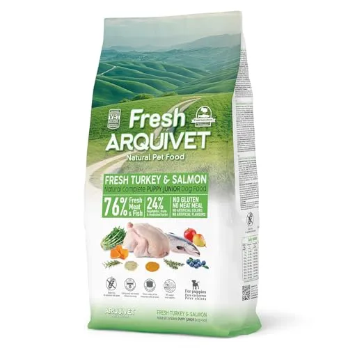 Arquivet Fresh Puppy Junior Pute & Lachs 10Kg - Halbfeuchtes Hundefutter - Hochwertiges halbfeuchtes Futter für Welpen, mit 50% frischem Truthahn und 26% frischem Lachs. Kaltgepresst, glutenfrei und ideal für gesunde Entwicklung.