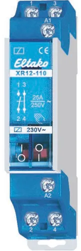 Eltako XR12-110-230VAC Installationsschutz - 2-poliger 25A Schütz für DIN-Schienenmontage, ideal für zuverlässige Schaltung in elektrischen Installationen, brummfrei und mit hoher Prüfspannung.