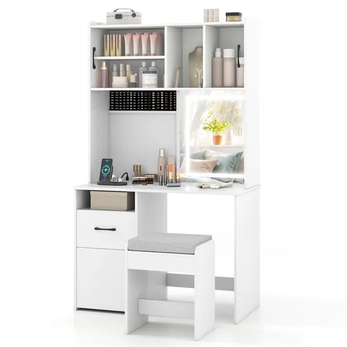 COSTWAY Schminktisch Set mit LED Spiegel & Hocker – 3 Türen, Schublade, Schmuckaufbewahrung - Beleuchteter Schminkspiegel mit 3 Farbmodi und stufenloser Helligkeitseinstellung. Integrierte Steckdosen und großzügiger Stauraum für Make-up und Accessoires – ideal für Ihre Schönheitsroutine!