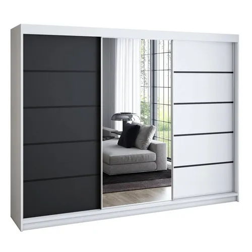 VILANO 2 Schwebetürenschrank 200 cm mit Spiegel und 4 Schubladen - Moderner Schwebetürenschrank in Weiß, Schwarz oder Sonoma, ausgestattet mit 4 geräumigen Schubladen, 2 Kleiderstangen und einem hochwertigen Schiebetürsystem für müheloses Öffnen.