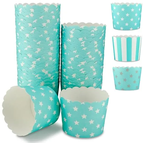 Frau WunderVoll® 25 Muffin Backformen türkis Mint, weiße Sterne, Durchmesser 6,1 cm/Muffins Muffinbackform Muffinform Form Backförmchen Cupcake Formen Förmchen Papier Cupcakeformen