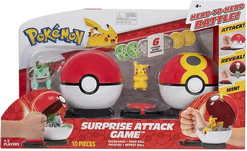 Jazwares Surprise Attack Pokémon-Brettspiel Rot - Actionfiguren mit 2 Pokémon-Figuren, 2 Überraschungs-Pokébällen und 6 Angriffsscheiben. Spannendes Gameplay mit Überraschungen in jeder Runde und drei Spielmodi für alle Pokémon-Fans!