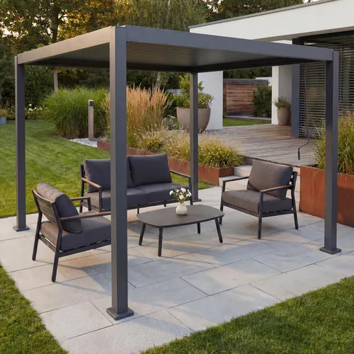 MCW Pergola Anthrazit 302x235 cm – Flexibler Sonnen- & Sichtschutz - Moderne Pergola mit drehbarem Lamellendach zur individuellen Regulierung von Licht und Schatten. Stabiler Aluminiumrahmen, sturmfest bis 74,5 km/h. Genießen Sie entspannte Stunden im Garten oder auf der Terrasse.
