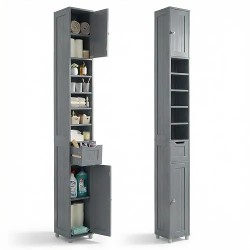 VOUNOT Hochformat Badezimmerschrank mit 2 Türen und 1 Schublade, Grau