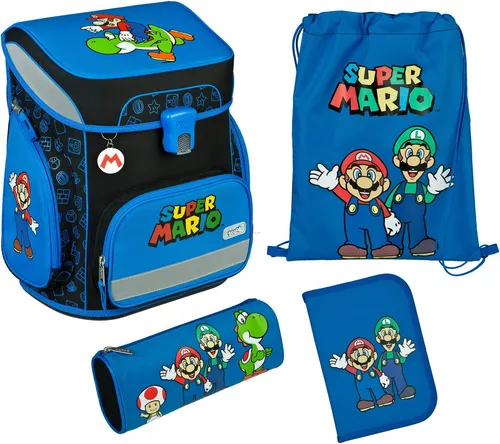 Scooli EasyFit Schulranzen Set 5-teilig - SUPER MARIO - Schulranzen Set mit coolem Super Mario Design, inklusive 5 Teilen, ideal für Kinder. Leicht, mit Brustgurt und 18l Volumen für optimalen Tragekomfort.
