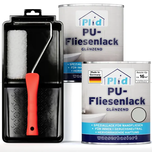 Fliesenlack Set 1,5l Lichtgrau glänzend - Ideal für Wandfliesen - Lacke für ca. 16m², schnelltrocknend und schimmelbeständig. Perfekt für die Auffrischung Ihrer Fliesen!
