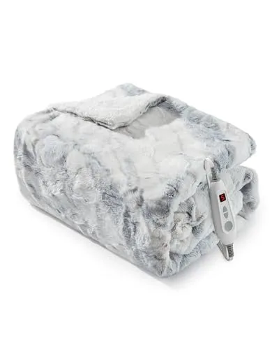 LinTimes Luxus Heizdecke mit Abschaltautomatik, Elektrische Wärmedecke mit 6 Heizstufen &10 Stunden Timer, PV-Samt & Sherpa-Fleece doppelseitige, waschbar, 180 x 130cm Marmorweiß