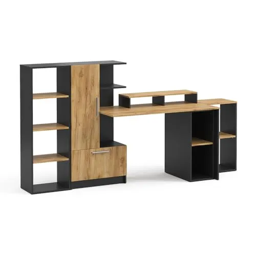 Vicco Tomy Schreibtisch Set Anthrazit/Goldkraft Eiche 150 x 59 cm - Stylisches 5-teiliges Schreibtisch-Set in Anthrazit und Goldkraft Eiche – ideal für Büro und Homeoffice. Bietet viel Stauraum und eine pflegeleichte Oberfläche für eine aufgeräumte Arbeitsatmosphäre.