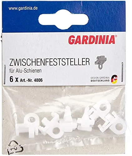 Gardinia Feststeller für Aluminium-Vorhangschienen, 13 mm, Zwischenfeststeller für Gardinenschienen, Kunststoff, Weiß, 6 Stück