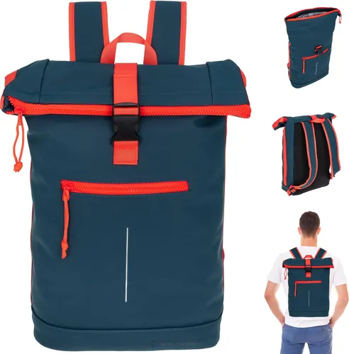 Rucksack Kurierrucksack New Rebels Tim XL A4 Laptopfach Roll-Top Daypack 511289 02 Herren Jungen Schulrucksack Blau + bagboom® Flasche
