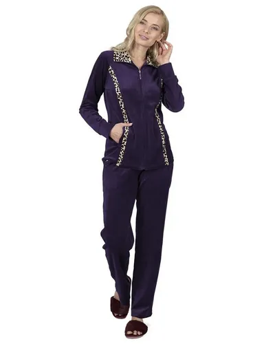RAIKOU Hausanzug Nicki Velours Damen Freizeitanzug - Stylischer 2-tlg. Jogginganzug mit Reißverschluss und Leo Print, ideal für Zuhause, Reisen oder Sport. Das weiche Baumwolle-Polyester-Gemisch sorgt für hohen Tragekomfort und Atmungsaktivität.