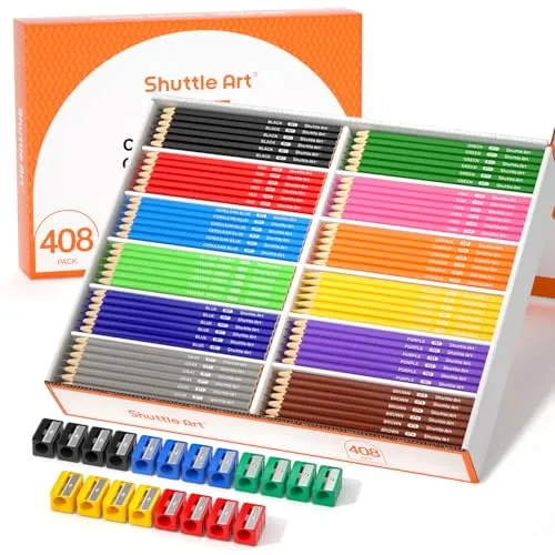Shuttle Art 408 Pack Buntstifte Schule Set, 12 Farben Malstifte für Kinder plus 20 Anspitzer, Buntstifte großpackung für Kinder, Klassenzimmer, Schulbedarf, Schreibwaren