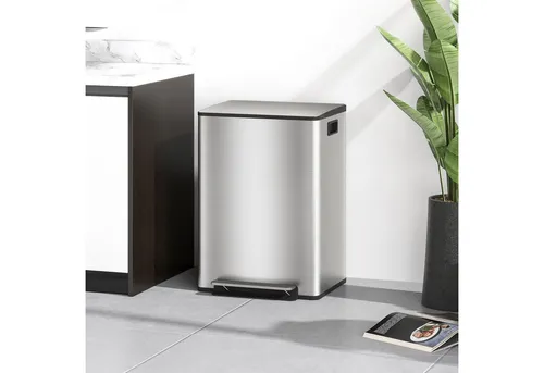 HOMCOM Mülleimer 60L mit Soft-Close - Halten Sie Ihre Küche mit dem HOMCOM Mülleimer sauber und stilvoll! Mit zwei 30L Fächern für Mülltrennung, Soft-Close-Deckel und fingerabdrucksicherem Edelstahl ist er praktisch und elegant zugleich.