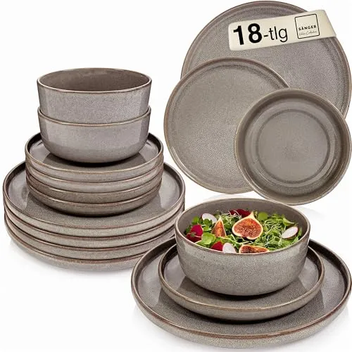SÄNGER Kairo Graphit | Tafelservice 18 tlg, Steingut Geschirr Set 6 Personen, 6x Speiseteller 6x Dessertteller 6x Schalen Geschirrset & Schale Mocha Braun, Teller Set, Tiefe Teller VALUE COLLECTION