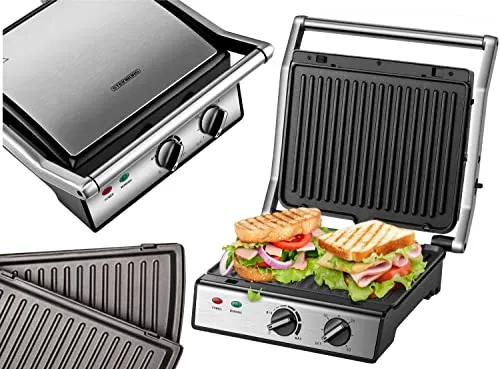 180° Kontaktgrill SB-2130 - Edelstahl Kontaktgrill mit 2000 W, 180° Öffnung und Cool-Touch-Technologie – perfekt für knusprige Sandwiches und Grillgerichte zu Hause.