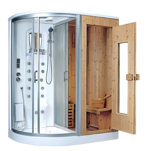 Sauna 2-in-1 Wellnesskabine mit Duschkabine - Kompakte Wellnesskabine (170x110 cm) für Innen- und Außenbereich. Genießen Sie die Vorteile einer Trockensauna und Massagedusche in einem. Hochwertiges Holz, elektrische Heizung, 2 Jahre Garantie.