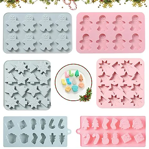 Seully 6 Stück Weihnachten Silikonform,DIY Schokolade Backform,Lebkuchenmann/Weihnachtsschneemann/Weihnachtsbaum, handgemachte Süßigkeiten (Grün, Pink)