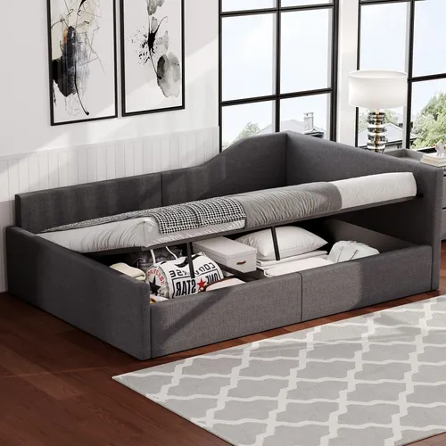 STILVORA 140×200 Schlafsofa mit Stauraum darunter,Tagesbett mit Holzrahmen&Leinenstoff,Daybett mit Rückenlehne&Armlehne,mit Matratze,grau