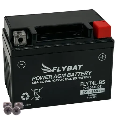FlyBat FLYT4L-BS/YB4L-B AGM Batterie - Wartungsfreie AGM-Motorradbatterie mit 4.2Ah, sofort einsatzbereit und optimiert für hohe Startleistung und Temperaturbeständigkeit.