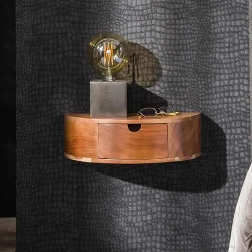 RINGO-Living Massivholz Nachttisch Mit Ablage & Schublade Halbrund, Schwebend Stauraum Industrial Style, Nachtschrank Holz Echtholz Mini