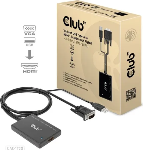Club3D Adapter VGA + USB-A > HDMI 0,6m St/Bu - Sonstige, vielseitiger Adapter für die Verbindung von VGA und USB-A mit HDMI, ideal für Präsentationen und Multimedia-Anwendungen.