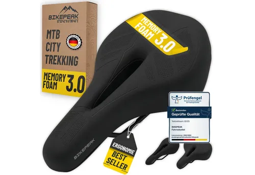 BikePeak Fahrradsattel für Herren & Damen - Bequemer, Ergonomischer Sattel mit Memory-Schaum - Fahrradsättel: Ergonomischer Sattel mit Memory-Schaum für optimalen Sitzkomfort, wasserabweisend und ideal für lange Touren bei jedem Wetter.