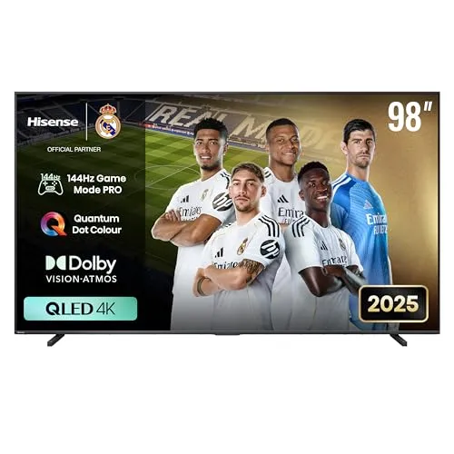 Hisense 98E7Q QLED Smart TV, 248 cm (98 Zoll), Gaming-Modus Pro 144 Hz, integrierter Subwoofer, Dolby Vision, Dolby Atmos, Sportmodus, sanfter KI, Bluetooth und HDMI 2.1, Sprachsteuerung Alexa