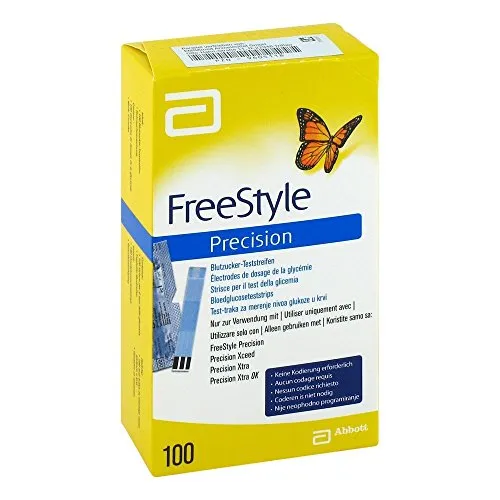 Freestyle Precision Blutzucker Teststreifen - 100 Stück - Blutzuckermessgeräte: Exakte Messung für Diabetiker, ideal für die tägliche Kontrolle Ihres Blutzuckerspiegels.