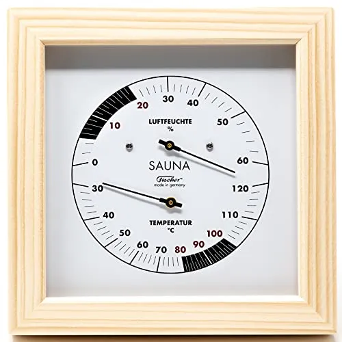 Fischer 188TH-03 - Sauna-Thermohygrometer - 170mm Haar-Hygrometer und Bimetall-Thermometer aus Kiefer - Made in Germany