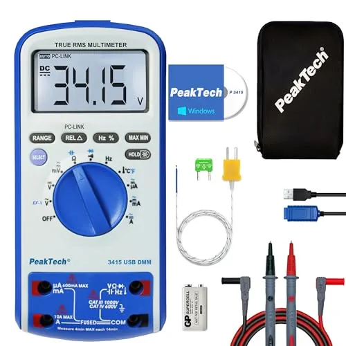 PEAKTECH 3415 - Digital Multimeter mit USB und Temperaturmessung - Multimeter für präzise Messungen bis 6000 Counts, ausgestattet mit USB-Schnittstelle für einfache Datenübertragung und hohem Sicherheitsstandard, ideal für Profis und Hobbyisten.