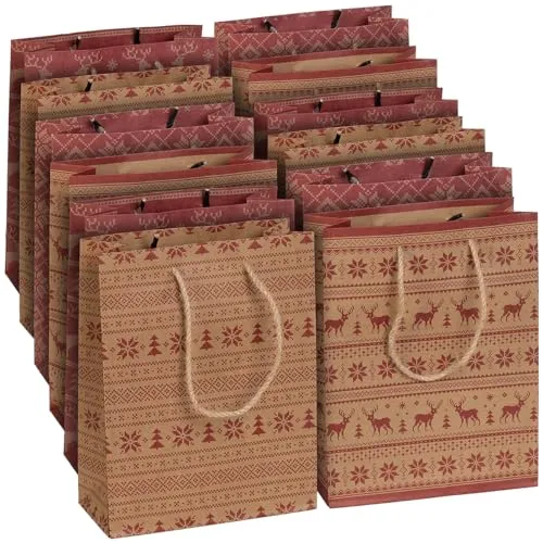 infactory Geschenktasche: 12er-Set Kraftpapier-Geschenktüten m. weihnachtlichem Motiv, 23x18x8cm (Weihnachtstüten, Geschenkverpackung Weihnachten, Geschenkpapier)