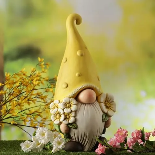MARELIDA BERT Zwerg mit Blumen - Witterungsfeste Gartenfigur - Gartenfigur BERT - Niedlicher Zwerg mit Blumen, H: 45cm aus witterungsfestem Polyresin. Ideal zur Verschönerung von Garten, Balkon oder Terrasse.