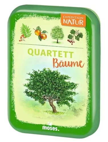 moses. Expedition Natur Quartett Bäume, Quartett Kartenspiel für Kinder, Reisespiel in kompakter Blechdose für unterwegs, Kinderspiel ab 8 Jahren