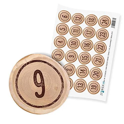 itenga 24x Adventskalenderzahlen I Sticker Aufkleber Klein I Holzscheiben Braun I 2,0 cm I ideal zum Basteln von Adventskalendern oder Geschenken I Ziffern von 1 bis 24