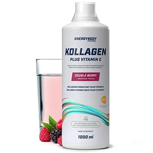 Energybody Kollagen Liquid Plus Vitamin C „Double Berry“ / 1000 ml/Liquid Collagen zum Trinken/Flüssiges Kollagen-Hydrolysat/Collagen Protein/Premium Kollagen Komplex / 40 Portionen