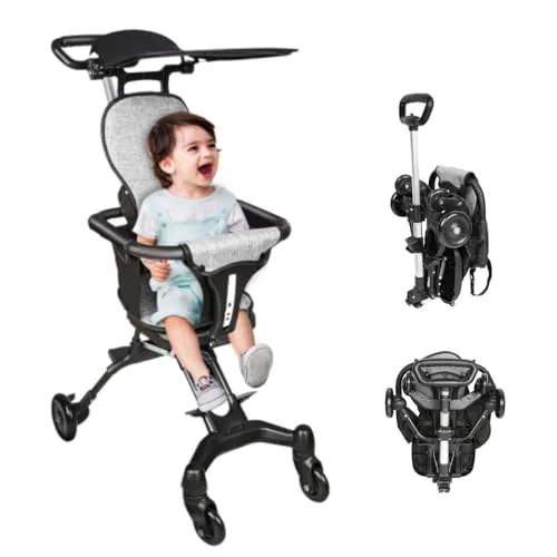 OHMG Kinderwagen,Reisebuggy, leicht und kompakt, Handgepäckgröße, faltbarer Reise-Kinderwagen mit Liegefunktion, einhändig faltbar,ab 6 Monaten,mit bidirektionalem drehbarem Sitz (A-Schwarz+Grau)