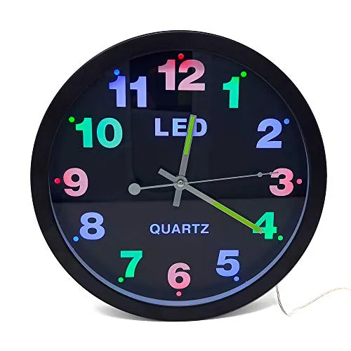 Starlet24 Wanduhr 29,5cm Ø beleuchtet mit bunter LED-Zifferbeleuchtung und Quarz-Uhrwerk (laufruhig, analog, leise, kein Ticken) Schwarz