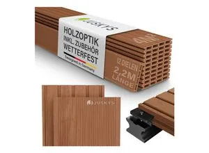 Juskys WPC Terrassendielen 4 m² - Teak - Verwandle deinen Außenbereich mit den wetterfesten WPC-Terrassendielen in edler Holzoptik. Ideal für eine langlebige und pflegeleichte Terrasse. Inklusive Unterkonstruktion für einfachen Aufbau.